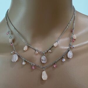Express Double-Strand Silvertone Adjustable Necklace w Pink Quartz and Crystals